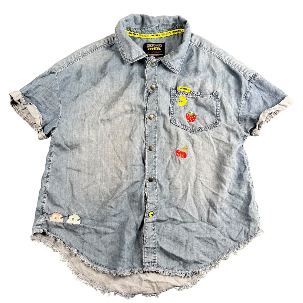 Justice Pac-Man Chambray‎ Button Down Shirt Girls L 10/12 Retro Embroidered 498